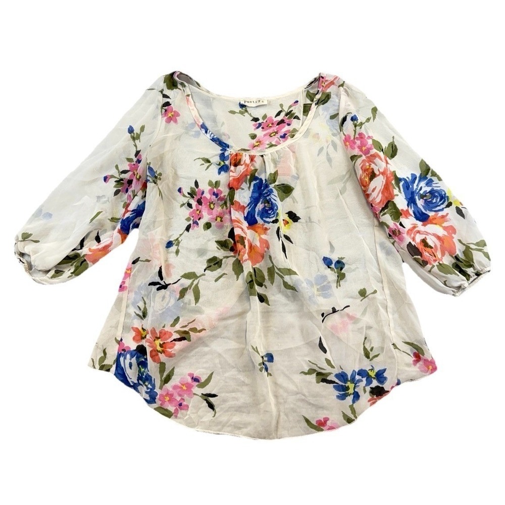 Anthropologie Poetry Sheer Chiffon Open Back Floral Blouse Sz Sm Boho Preppy